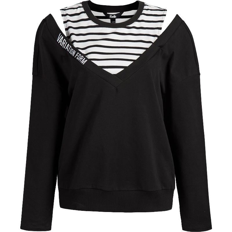 拉夏贝尔Puella秋装新款宽松韩版露肩显瘦假两件卫衣女20010510