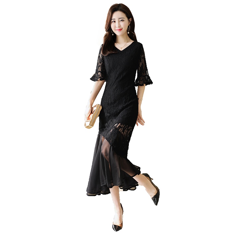 丝柏舍2020女装夏装气质V领纯色修身蕾丝拼接连衣裙S82Q0088L