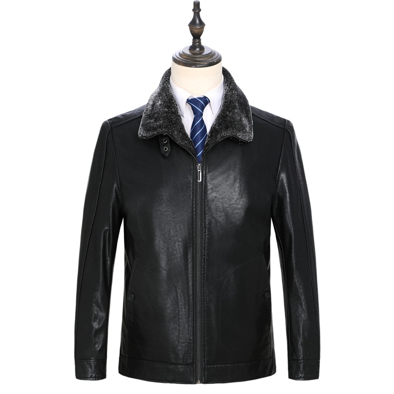 恒源祥男士皮衣男秋冬款中年男士翻领休闲商务皮夹克外套