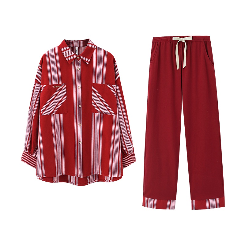 纯棉情侣睡衣女秋简约开衫长袖韩版休闲条纹宽松居家居服男