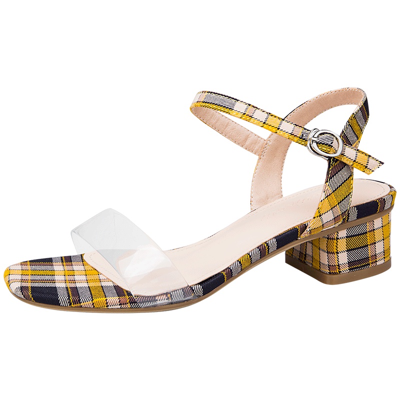 阿么夏季凉鞋格子一字带欧美粗跟百搭韩版露趾高跟鞋百搭中跟女鞋