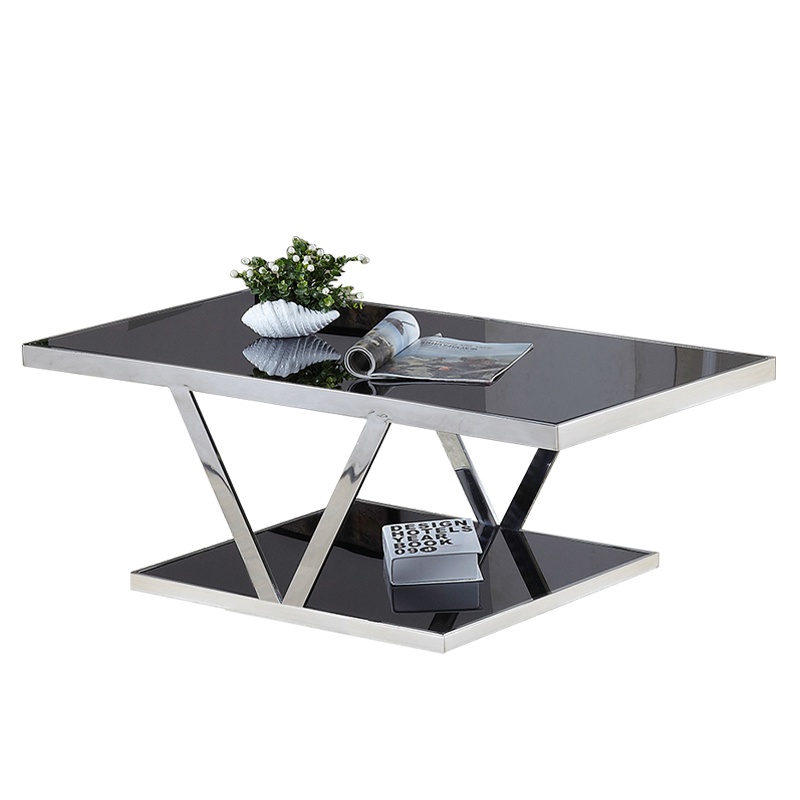 欧宝美现代简约办公创意茶几 不锈钢钢化玻璃茶几 客厅办公室茶几 黑色长方形黑耀V5