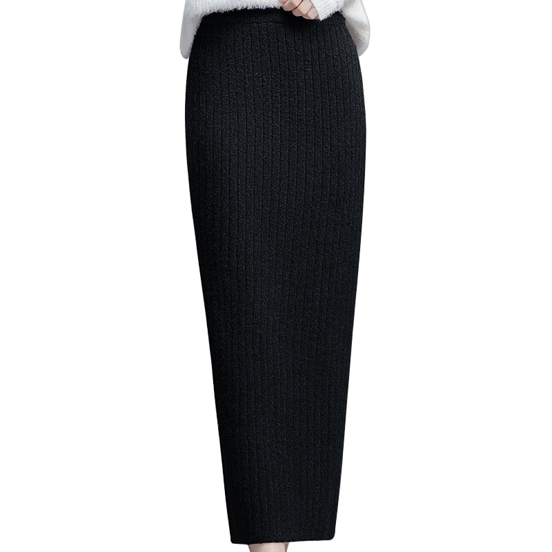 丝柏舍2019冬装女纯色简约高腰开叉一步裙针织半身裙S94T6216B