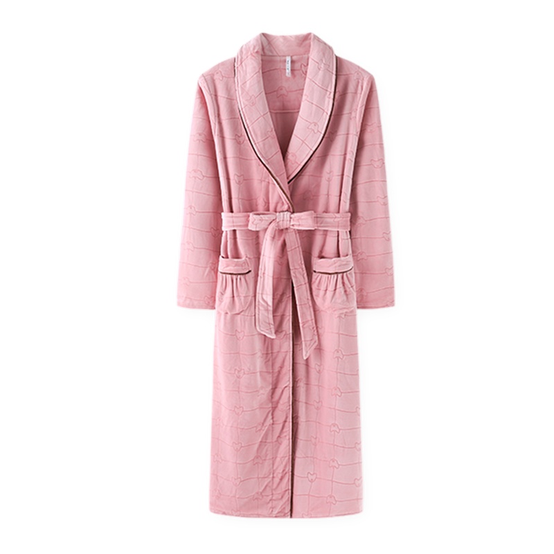 安之伴睡衣女秋双面海岛绒剪花关刀领长袖女袍