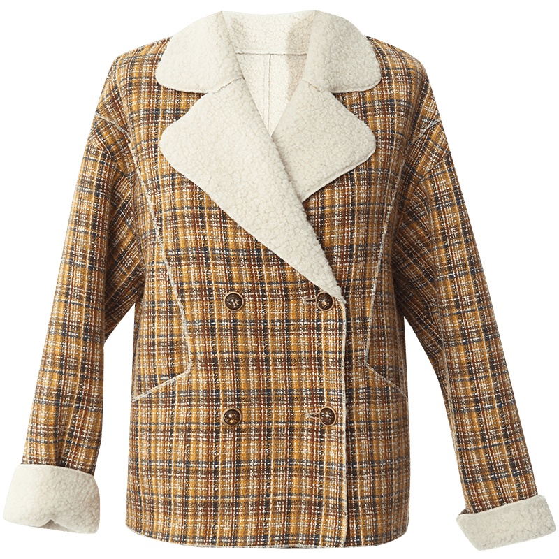 OUNIXUE欧昵雪 | [复古羊羔毛格子夹克大衣]冬季休闲翻领直筒短毛呢短外套女
