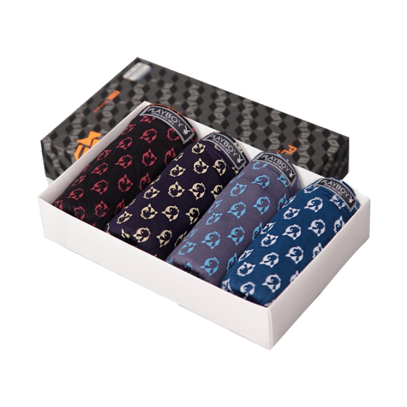 花花公子内裤男士中腰弹力宽松冰丝印花潮流平角裤四角短裤头5351-4条礼盒装