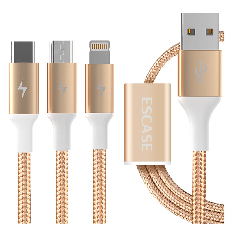 ESCASE 数据线三合一苹果充电器线一拖三Type-c安卓iPhone14华为Mate60pro/小米14米金色适用