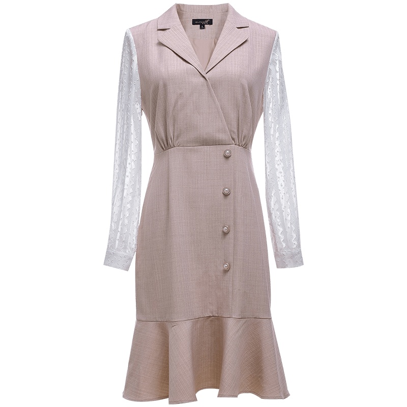 欧昵雪翻领拼接雪纺长袖收腰连衣裙女荷叶边鱼尾裙