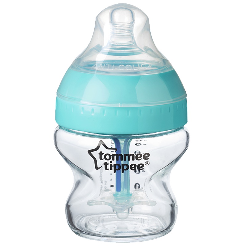 汤美星(Tommee Tippee)01085 新生儿感温防胀气玻璃奶瓶宽口径防呛奶仿母乳造型150ml(配慢流量奶嘴)