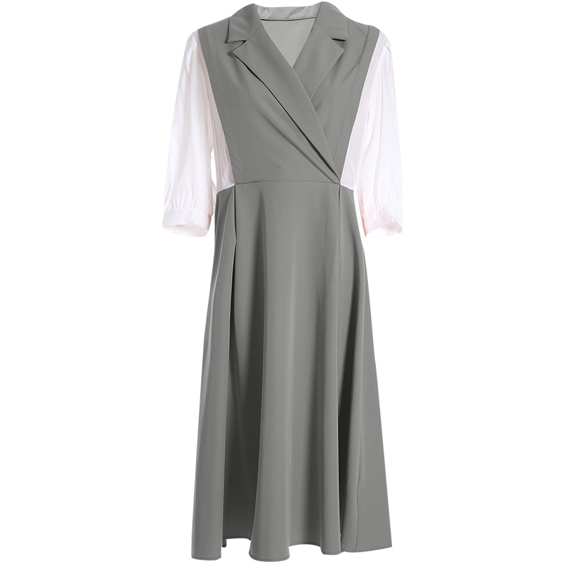 欧昵雪夏季西装领收腰假两件连衣裙女显瘦五分袖a字裙子