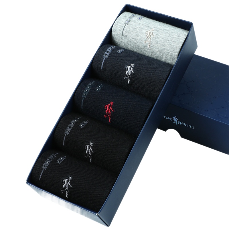 与狼共舞袜子 男士秋冬休闲袜中厚棉袜 中筒商务袜 五双盒装