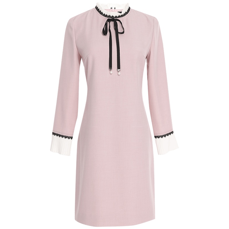 欧昵雪立领蝴蝶结拼接七分袖直筒显瘦连衣裙女