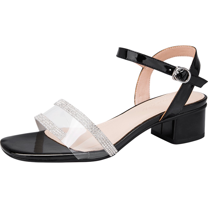 阿么凉鞋女凉拖鞋百搭夏季方头水钻透明一字带女鞋潮粗高跟鞋