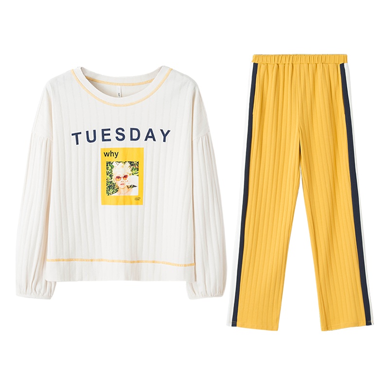 乌拉拉棉质双面针织抽条印相片长袖情侣男套装W83K7269-W83K7169