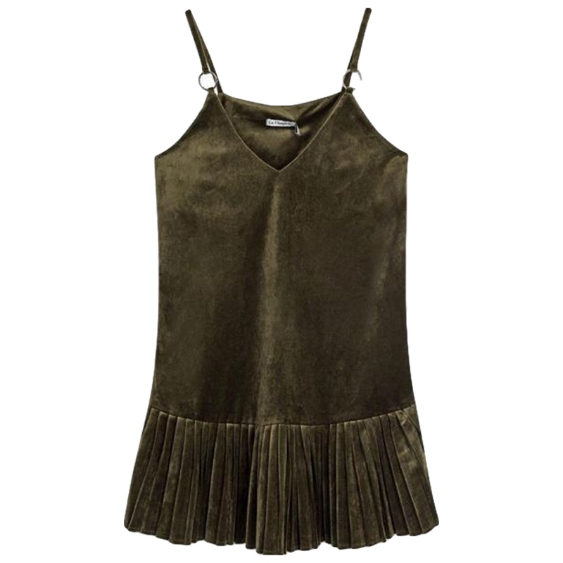 拉夏贝尔秋季女装新款小心机性感露肩丝绒吊带连衣裙子女百褶短裙10013994