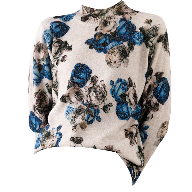 圣妮曼印花宽松半高领羊毛针织衫长袖