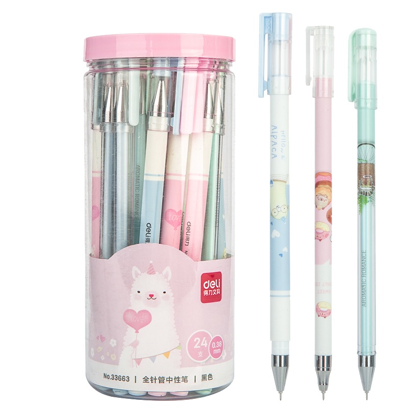 得力(deli)33663中性笔黑色24支/筒0.38mm全针管签字笔 考试笔 写字笔 学生用小清新可爱卡通签字笔