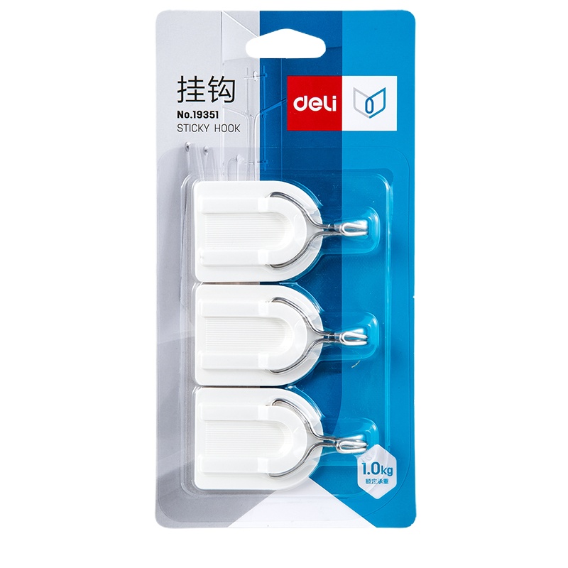 得力(deli) 强力粘胶挂钩 /厨房浴室墙壁免钉门后挂衣钩 19351 3只/卡
