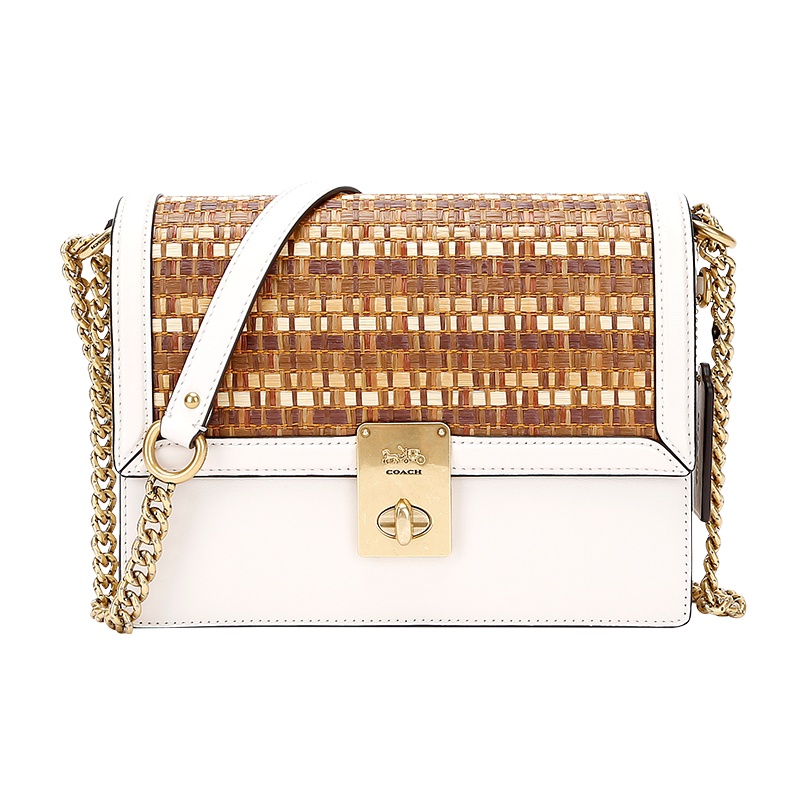 自营 新品 蔻驰 COACH 品 女士专柜款皮质草编风HUTTON单肩斜跨包白色拼色 89192 B4OAK