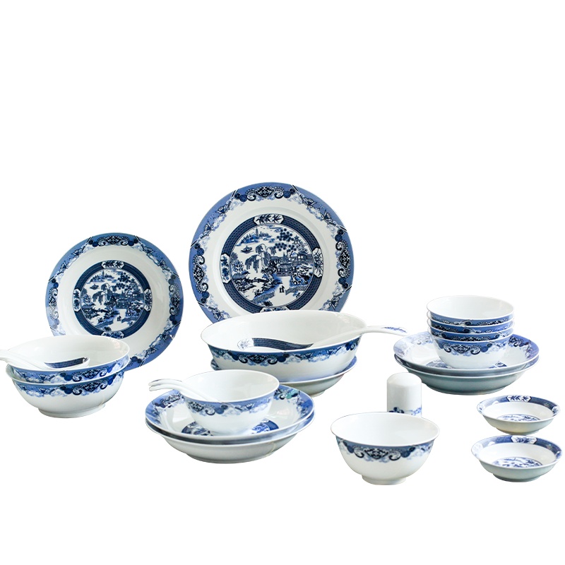 青花瓷碗套装景德镇碗碟家用中式套碗盘碟餐具陶瓷创意饭碗盘子碗26头餐具青花园林