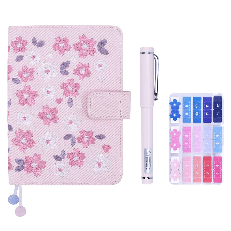 kinbor文具套装DTB6540学生礼盒樱花手账本(A6手帐本子+钢笔+索引贴) 创意刺绣款 朝花早樱套装