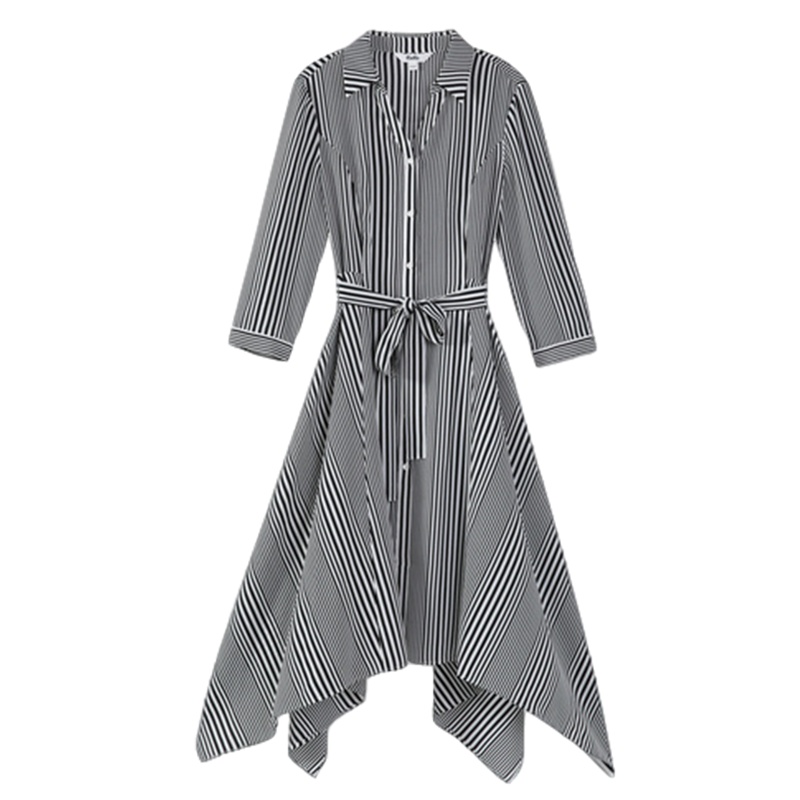 拉夏贝尔条纹五分袖连衣裙女新款韩版学生显瘦气质v领中长款裙子仙