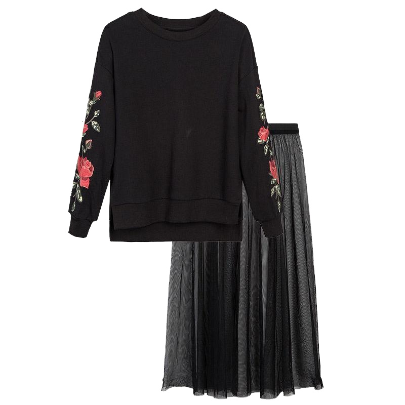 拉贝缇两件套卫衣秋冬韩版圆领修身网纱半身裙宽松刺绣女60006219