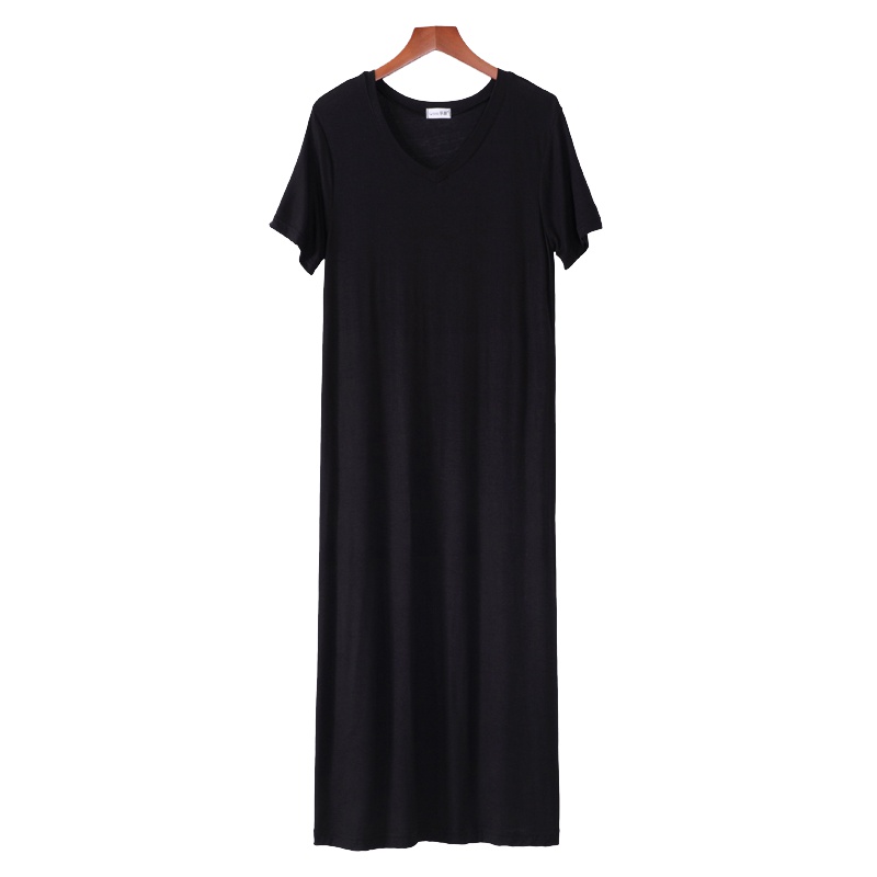 [优E库代工厂]80-150斤夏装大码短袖连衣裙女v领打底小黑裙夏季显瘦莫代尔长裙