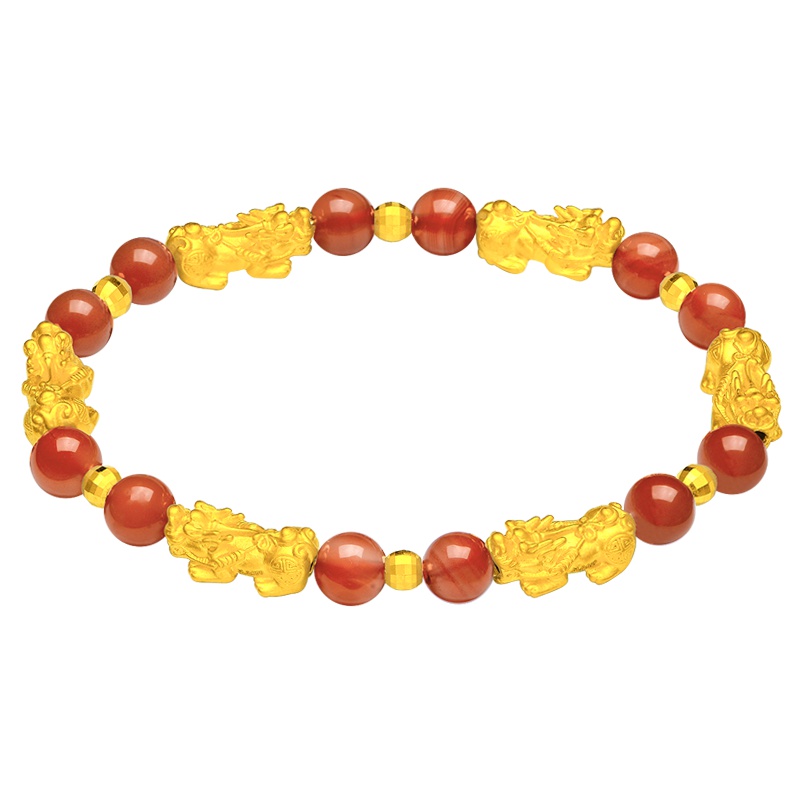 蒂蔻 六六大顺黄金手链女款本命年足金红玛瑙手串3D硬金首饰生日礼物送老婆