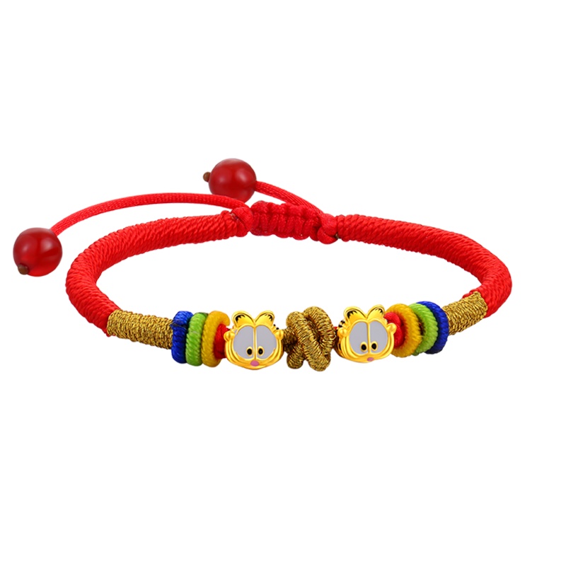 蒂蔻 可爱卡通猫黄金转运珠手链女款3D硬足金珐琅烤漆钢丝红绳手饰