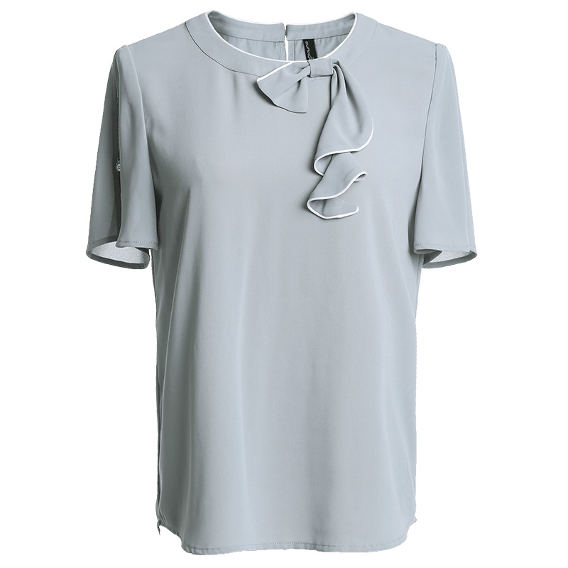 欧昵雪 夏雪纺衫女短袖钉珠荷叶袖圆领蝴蝶结小心机上衣X