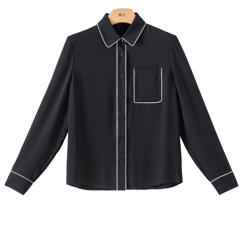 晚白2021春季新品通勤职业纯色翻领长袖休闲宽松雪纺衫衬衫衬衣女