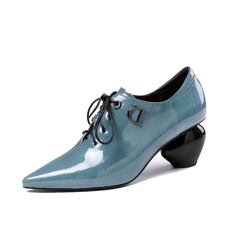 格瑞迪欧牛皮春秋新款真皮中口单鞋女高跟鞋英伦风尖头系带中跟小皮鞋女粗跟鞋106-4