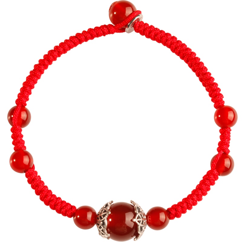 石头记锦上添花红玛瑙手链女银手串 编织猪年水晶红绳手链