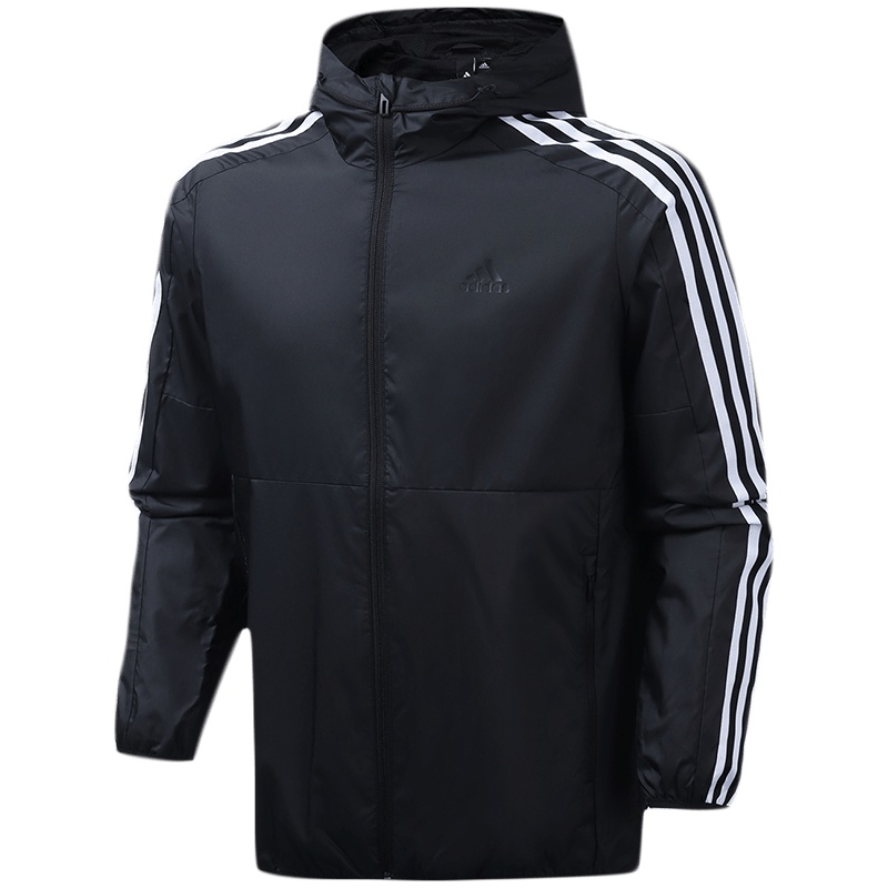 阿迪达斯男服外套运动夹克防风服三条纹梭织休闲运动服装EH3822