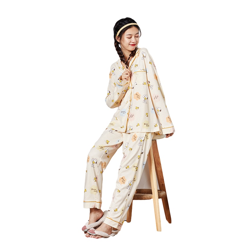 唐狮史努比纯棉长袖睡衣女春秋两爱全棉薄款睡裙外穿家居服夏