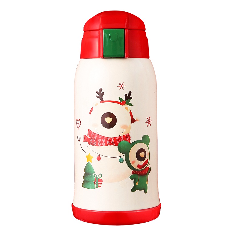 杯具熊(beddybear)圣诞儿童保温杯带吸管宝宝水壶男女小学生两用麋鹿水杯便携水杯子