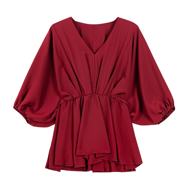 2019春衬衣女设计感韩版宽松V领套头蝙蝠袖雪纺衬衣