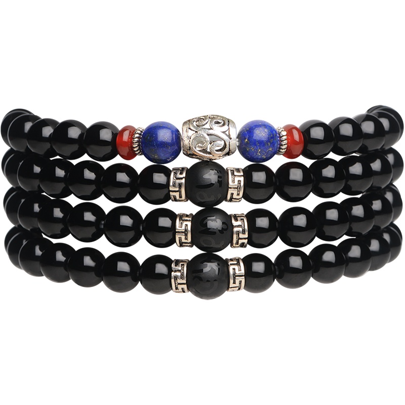 iSTONE/石头记黑曜石青金石红玛瑙多层手链佛珠结缘手环男女款