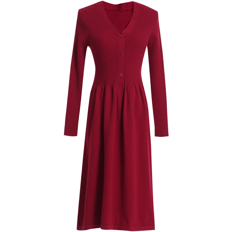 欧昵雪气质V领套头收腰针织连衣裙女修身中长A字裙