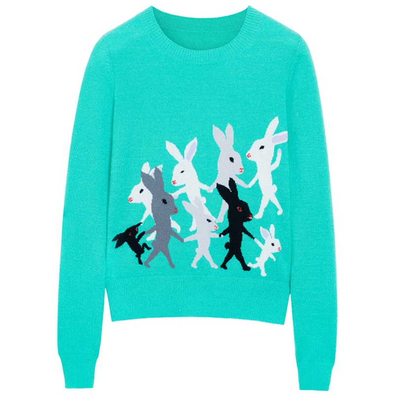 鄂尔多斯ERDOS 早秋圆领兔子提花个性撞色羊绒衫针织衫女毛衣