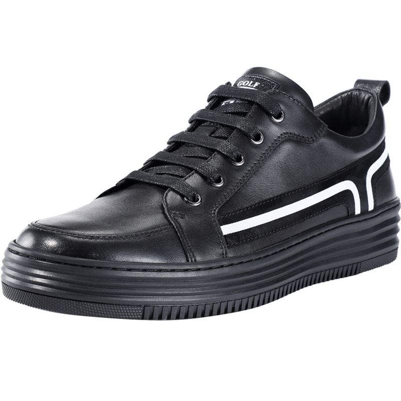 GOLF/高尔夫新品休闲鞋男厚底增高韩版街头百搭板鞋男真皮系带防滑男士板鞋黑色