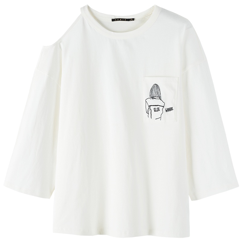 森马中袖T恤女2019春秋新款宽松圆领套头漏肩刺绣纯棉少女上衣