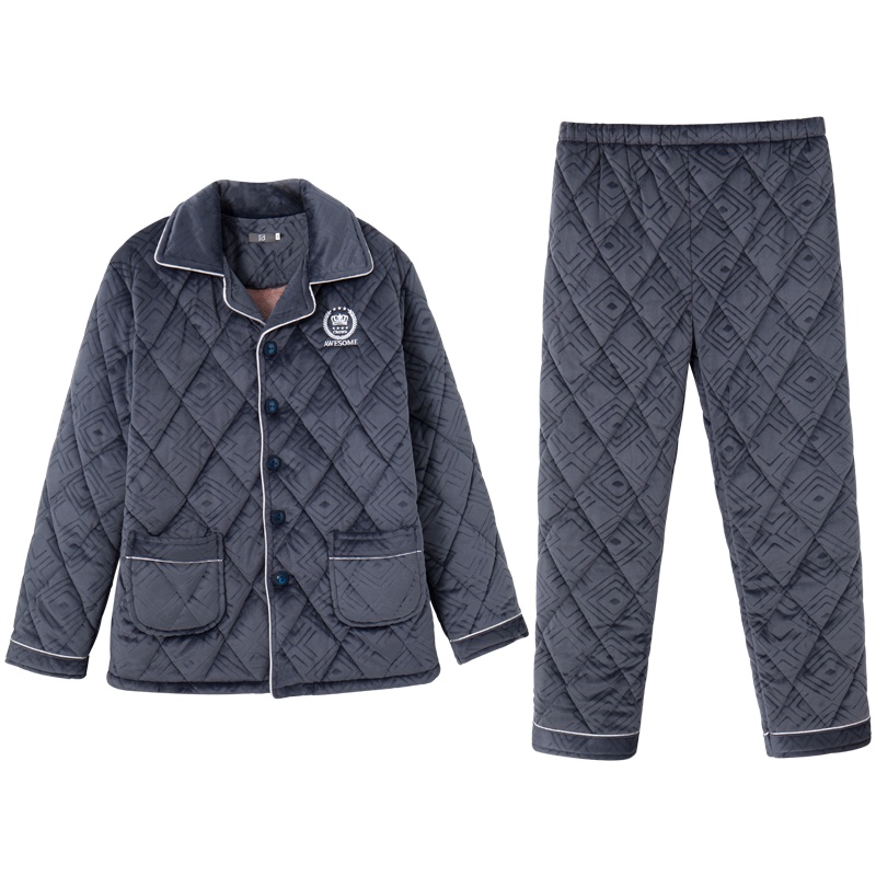 爱帝冬三层加绒加厚夹棉刺绣家居服男睡衣保暖防寒大码外穿居家服