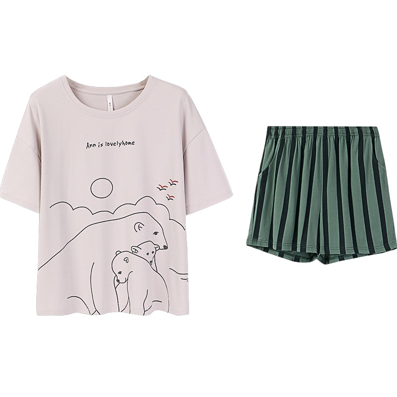 安之伴睡衣情侣夏纯棉弹力针织素色短袖男女套装