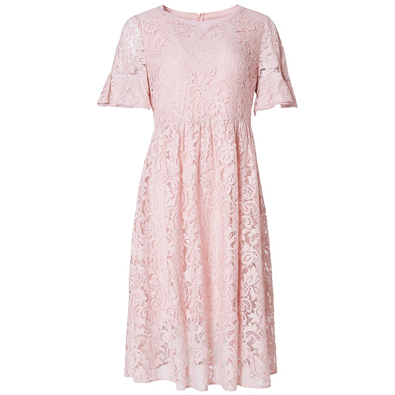 LIEDOW/蕾朵2019夏季新款高腰蕾丝连衣裙时尚中长款圆领镂空裙子