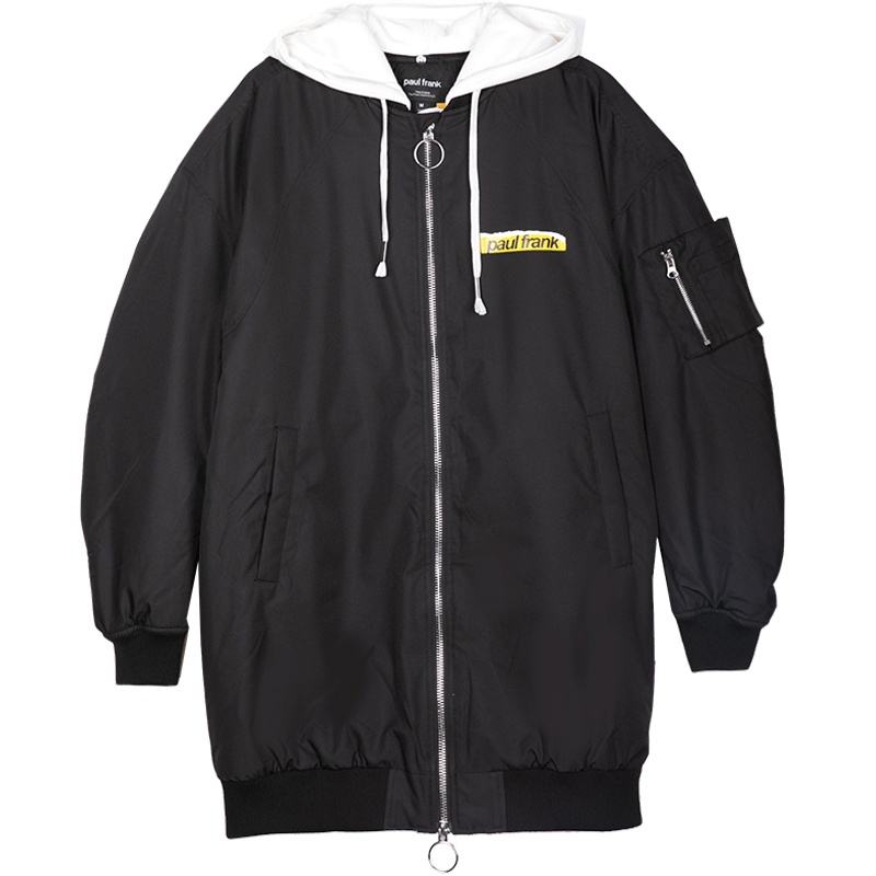 PaulFrank/大嘴猴冬季新款连帽印花中长款棉外套女