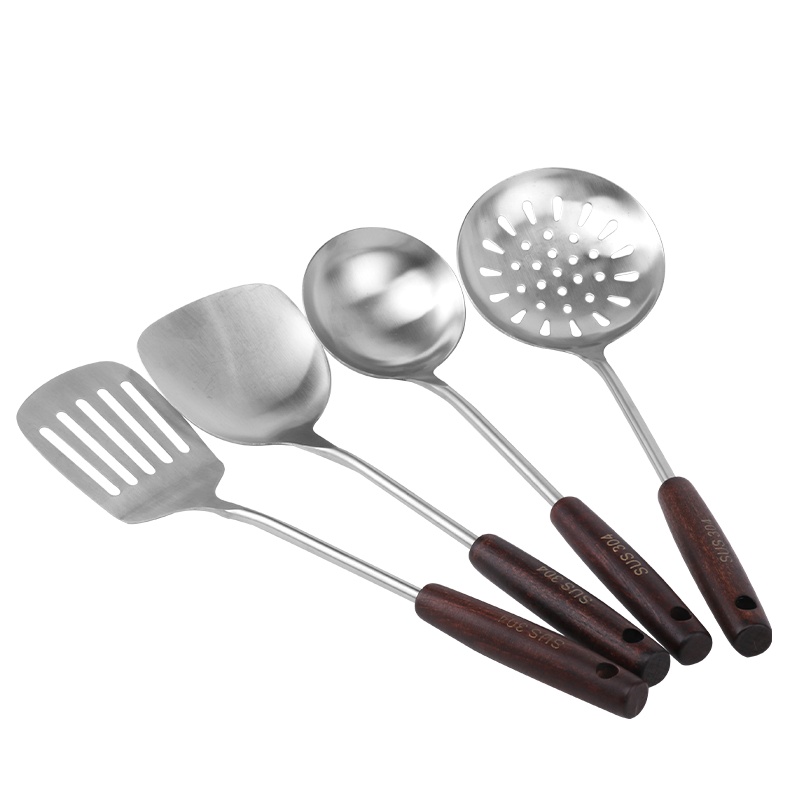 304不锈钢锅铲套装家用木质手柄炒菜铲子汤勺火锅勺漏勺组合四件套 不锈钢锅铲4件套