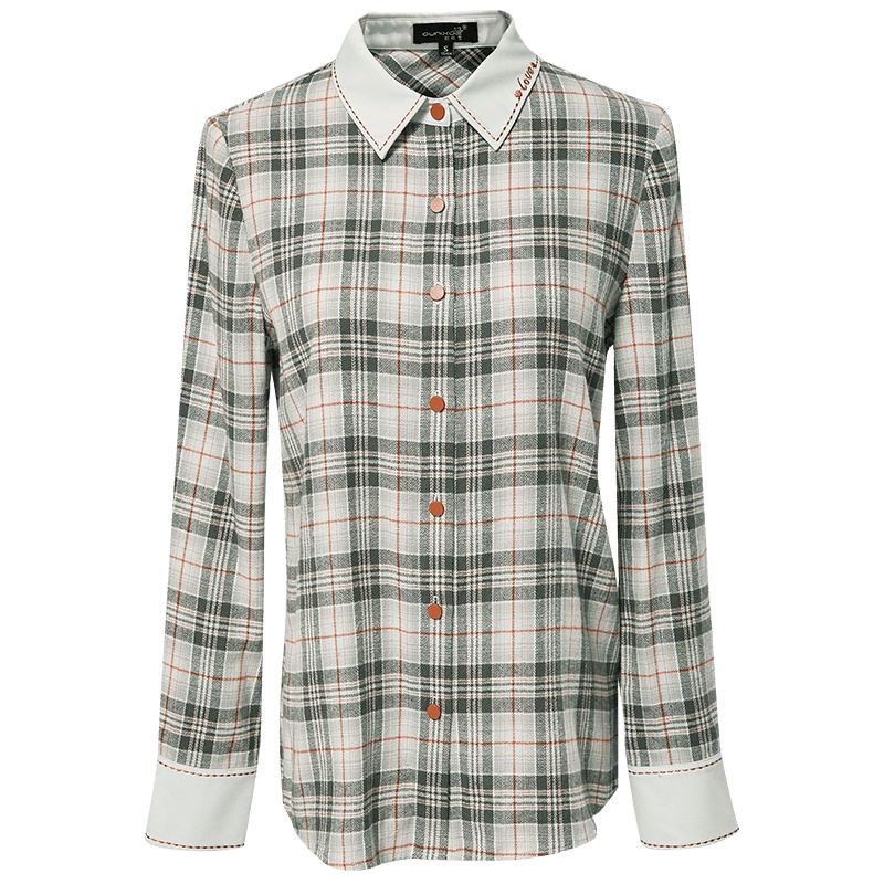 欧昵雪秋冬通勤复古绣花纯棉格子长袖衬衫女显瘦上衣