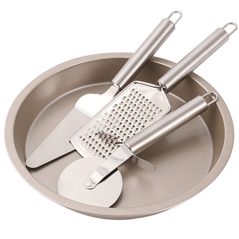 烘焙工具不粘8寸披萨盘 四件套 圆形烤盘 披萨模具 披萨盘披萨轮刀铲刀芝士刨 四件套 披萨盘披萨轮刀铲刀芝士刨四件套